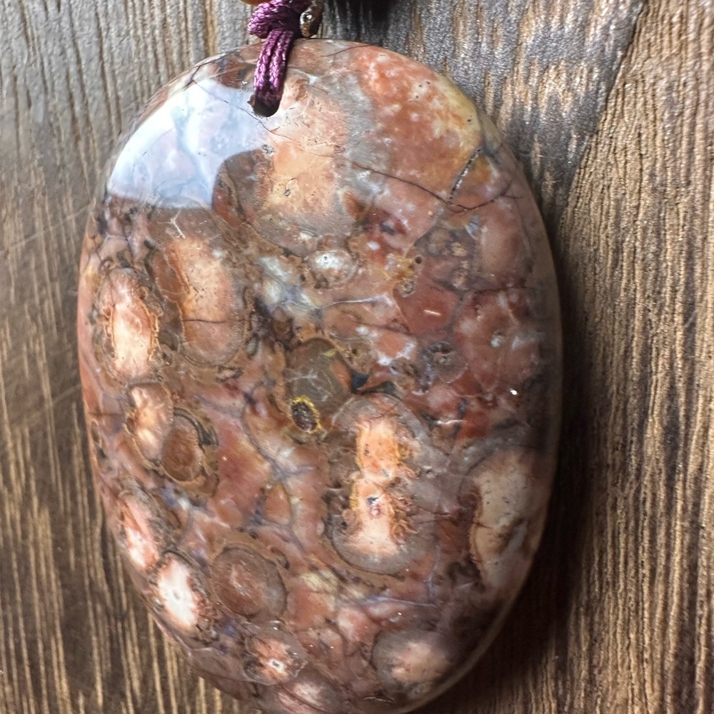 Ocean Jasper Pendant Necklace, Palo Santo Bead on Brown Rope - Picture 6 of 11